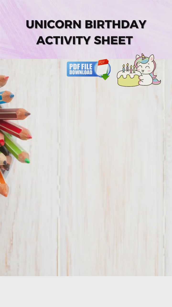 A video showing a printable activity sheets with colouring and puzzles for unicorn themed birthday parties. 