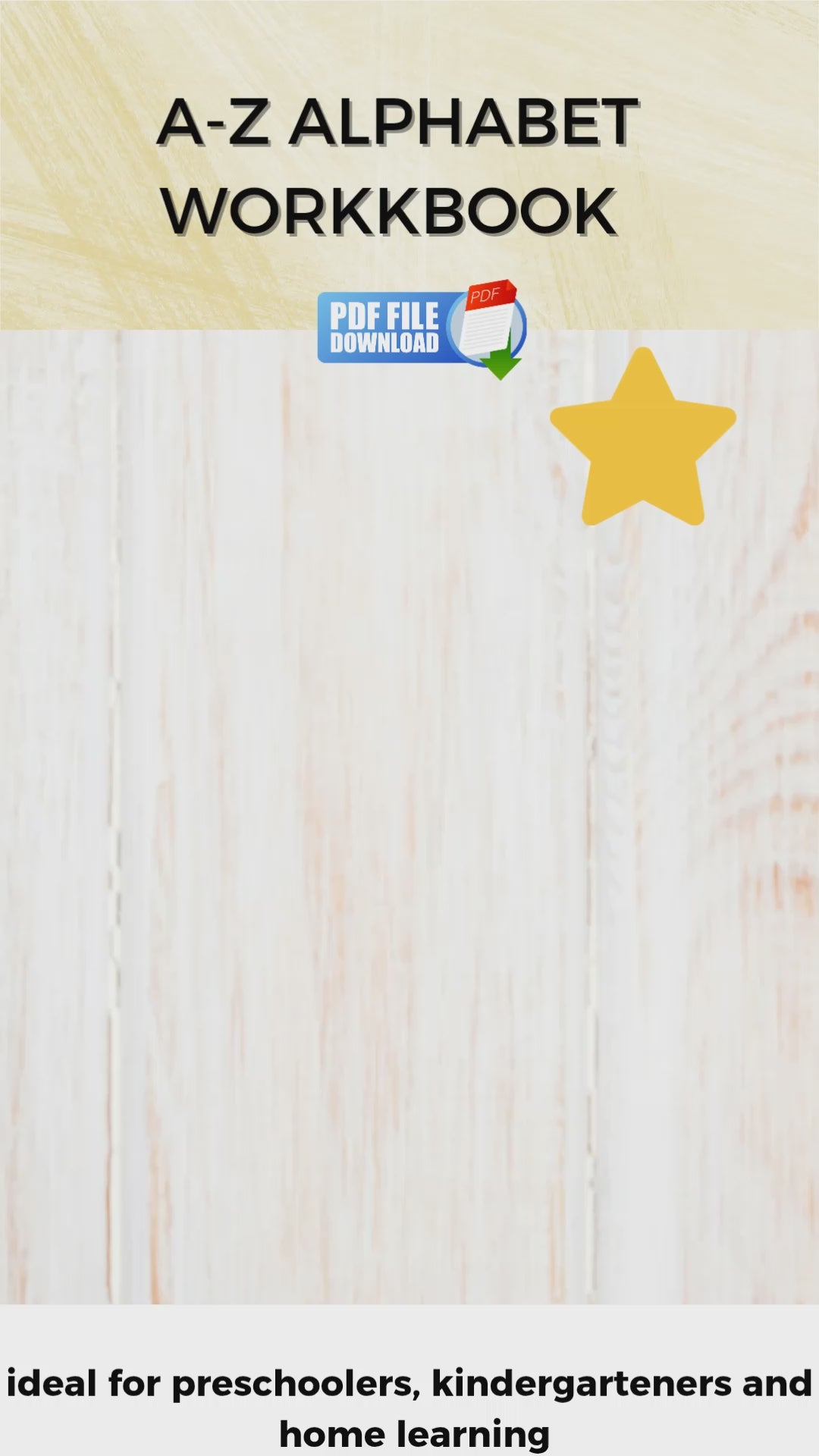 Video overview of A–Z Alphabet Activity Workbook printable – showing tracing, colouring, and letter activities for early learners.