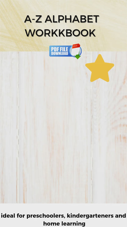 Video overview of A–Z Alphabet Activity Workbook printable – showing tracing, colouring, and letter activities for early learners.