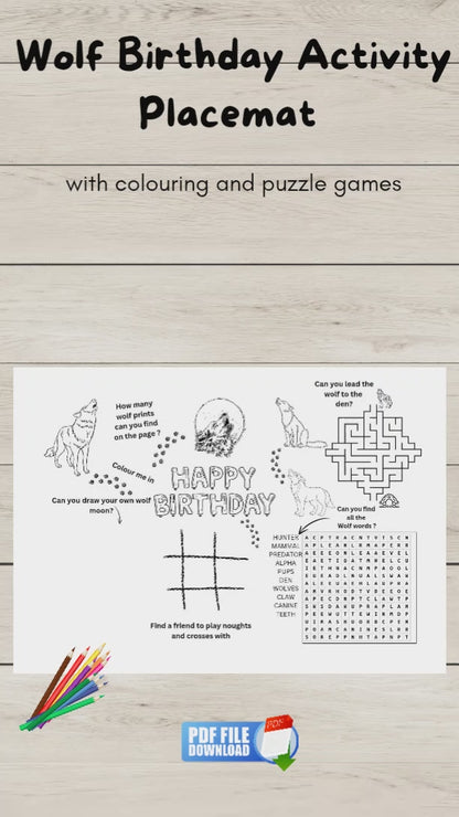 Video preview of printable wolf-themed birthday activity sheet featuring puzzles, colouring pages, and games for kids’ party entertainment.