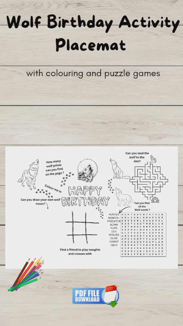 Video preview of printable wolf-themed birthday activity sheet featuring puzzles, colouring pages, and games for kids’ party entertainment.