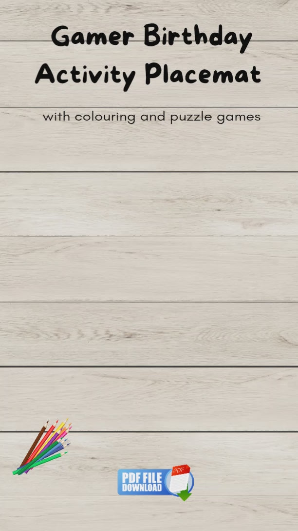 Video showcasing a printable gaming-themed birthday activity placemat for kids, featuring colouring and puzzles to keep young gamers entertained at parties.