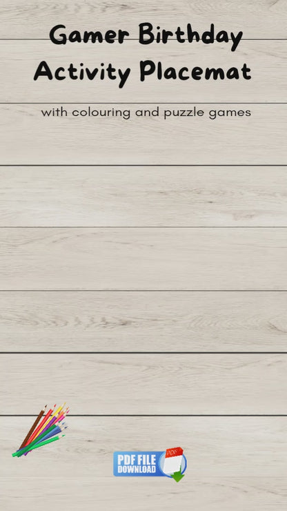 Video showcasing a printable gaming-themed birthday activity placemat for kids, featuring colouring and puzzles to keep young gamers entertained at parties.