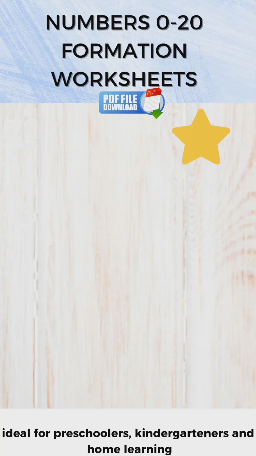 Animated demonstration of Numbers 0–20 formation worksheets showing tracing and writing activities for early learners.