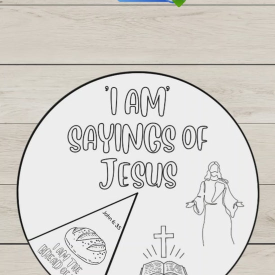 A video showing a black and white version and a colourful version of Jesus I am sayings wheel craft spinner for kids.