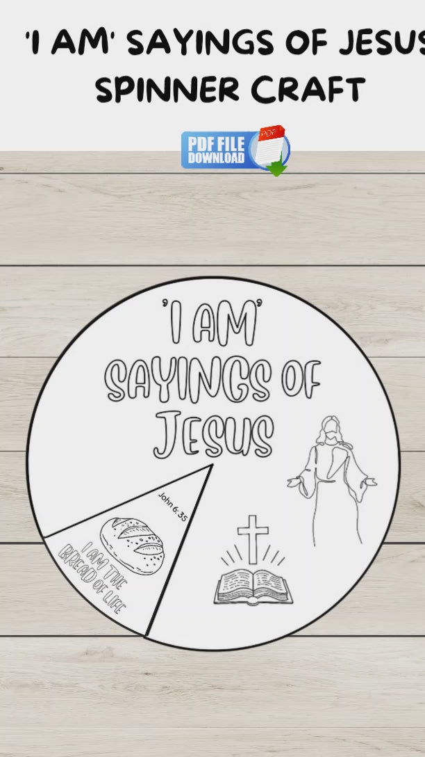 A video showing a black and white version and a colourful version of Jesus I am sayings wheel craft spinner for kids.
