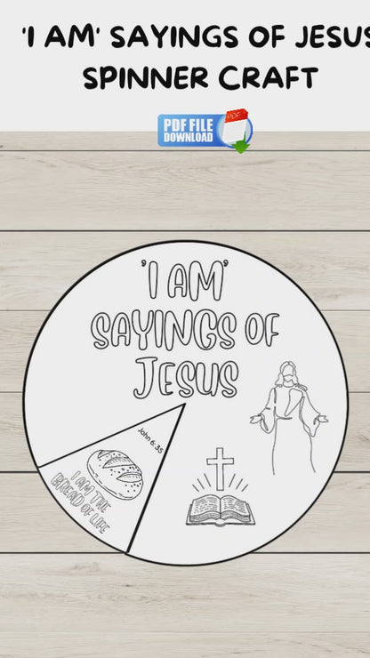 A video showing a black and white version and a colourful version of Jesus I am sayings wheel craft spinner for kids.