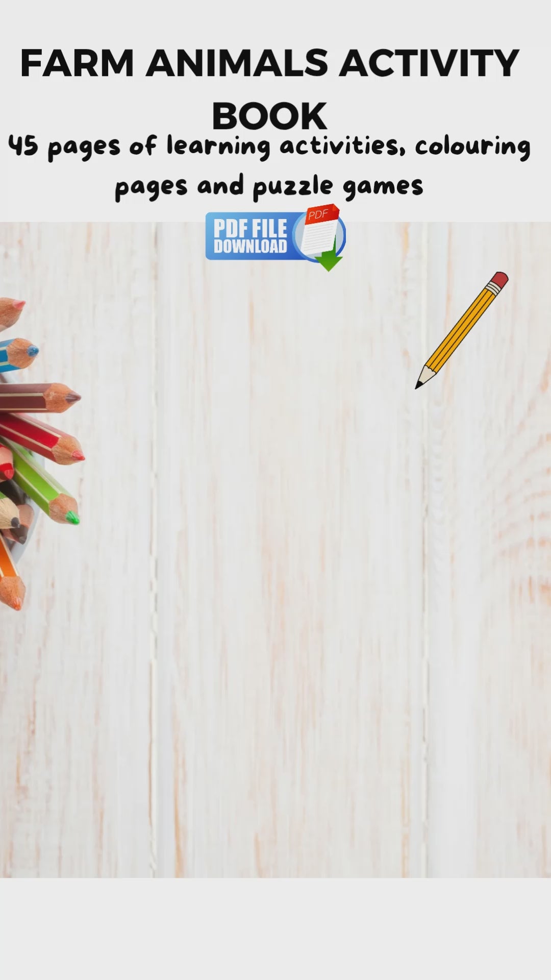 Video preview of farm animals printable activity book for kids with learning activities, puzzle games and colouring pages. 