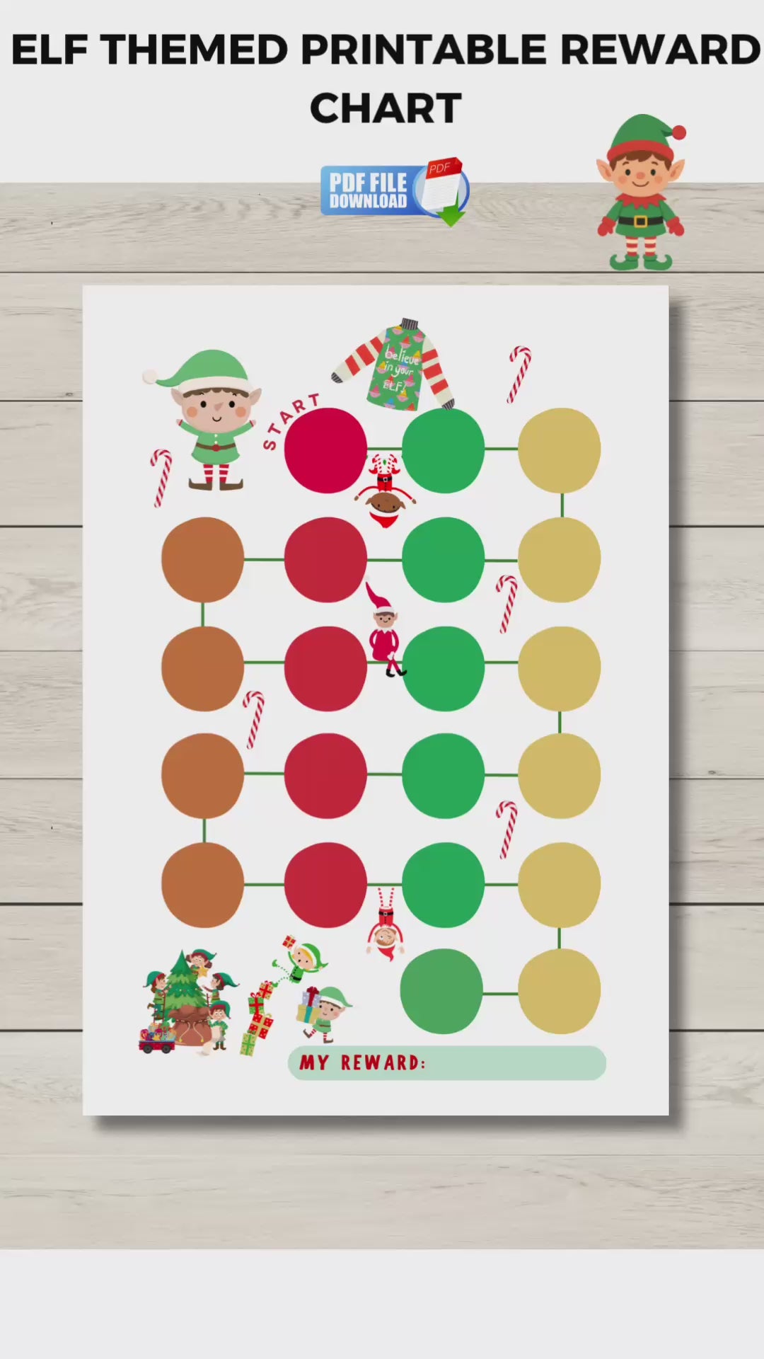 A printable reward chart with elf-theme for kids.