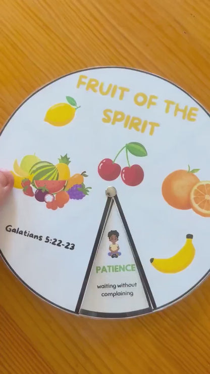 A video showing a printed coloured Fruit of the Spirit wheel craft for kids. 