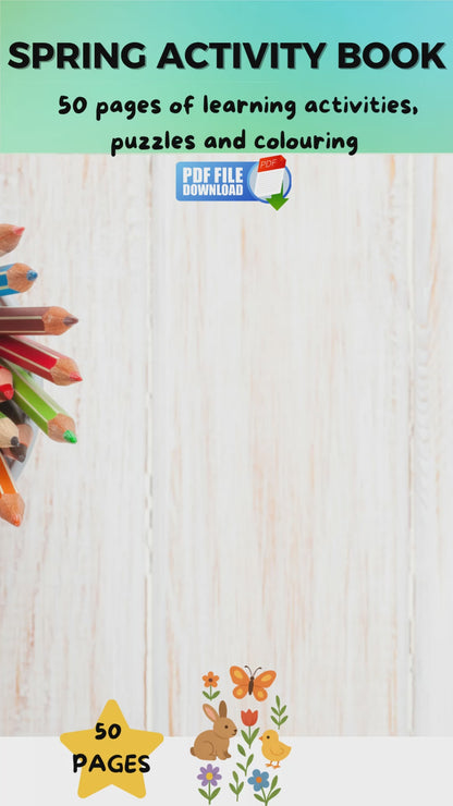 A video featuring a 50 page Spring activity book for kids with printable activities, puzzles and colouring sheets.