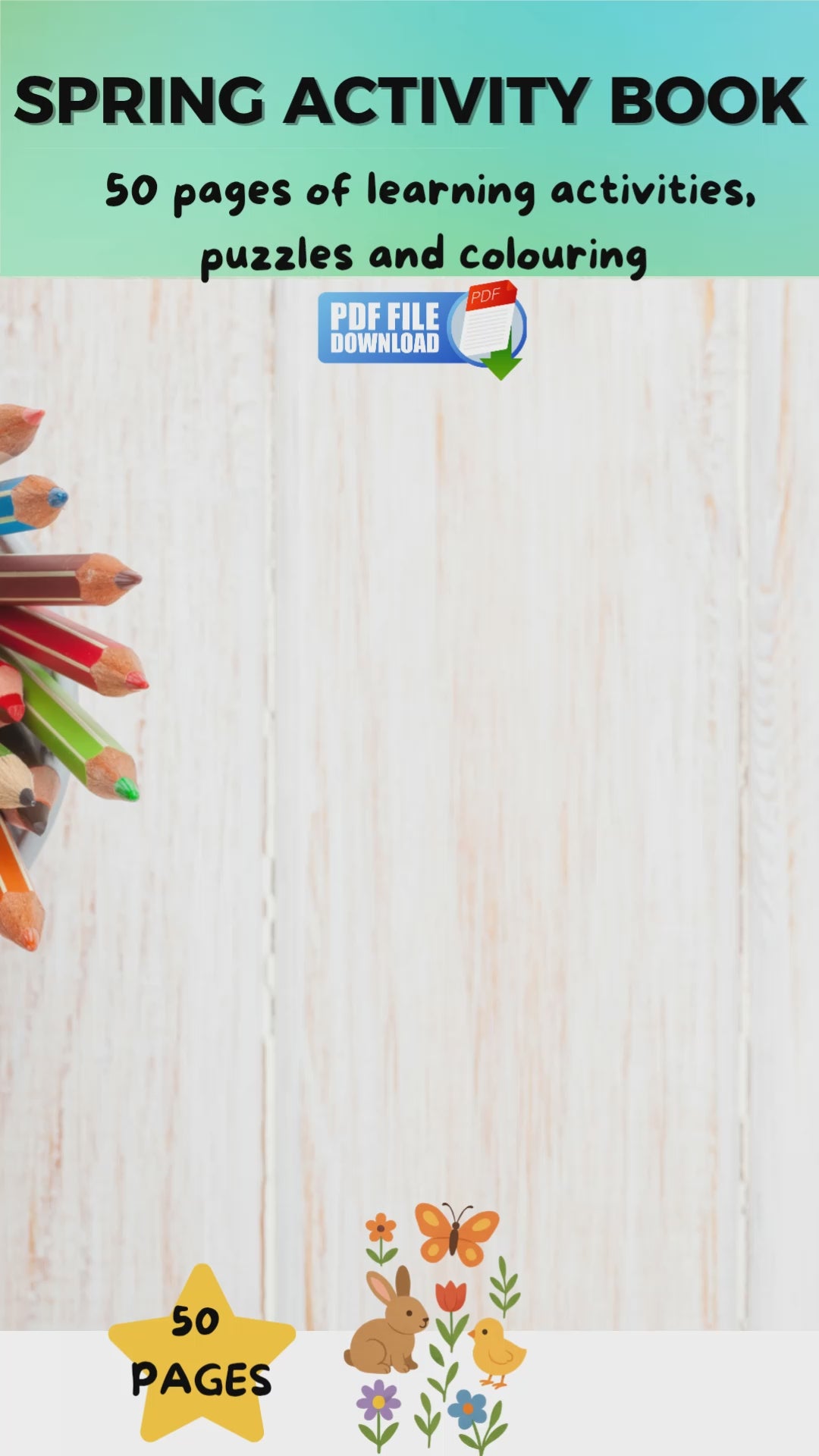 A video featuring a 50 page Spring activity book for kids with printable activities, puzzles and colouring sheets.