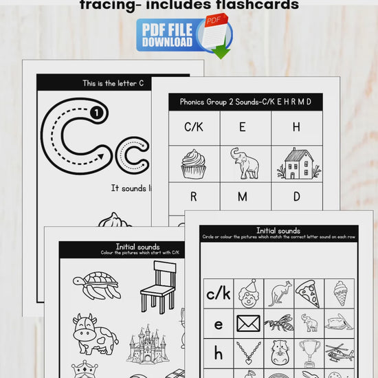 Video preview of printable CKEHRMD Phonics Group 2 worksheets for phonics practice.