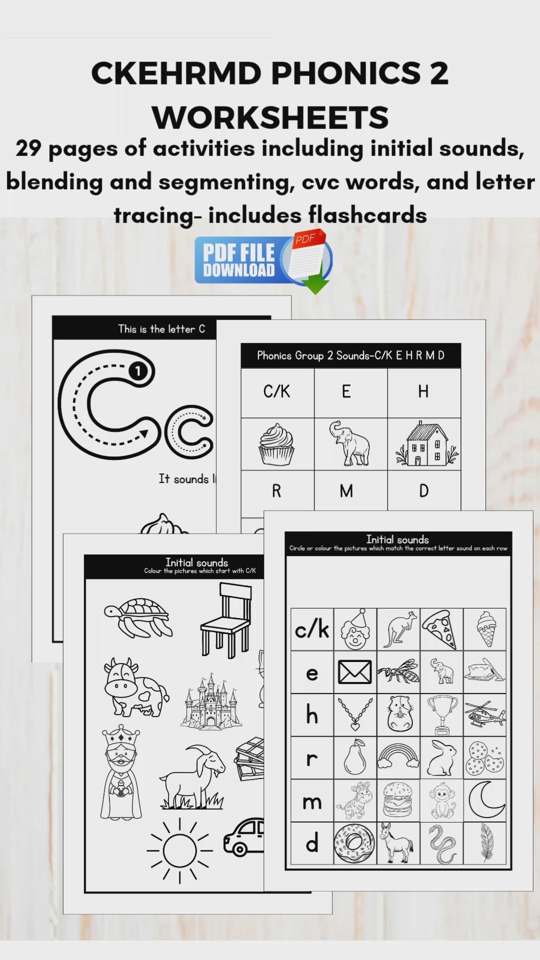 Video preview of printable CKEHRMD Phonics Group 2 worksheets for phonics practice.