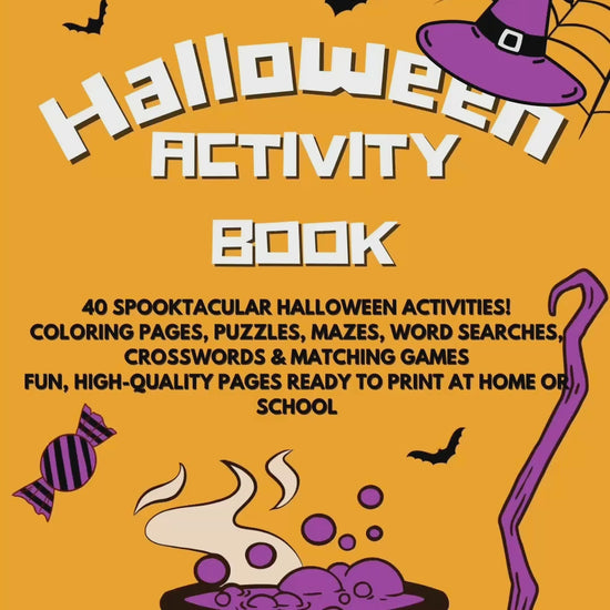A video featuring a Halloween Activity Book for Kids with 40 pages of colouring and puzzle games.