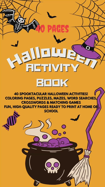 A video featuring a Halloween Activity Book for Kids with 40 pages of colouring and puzzle games.