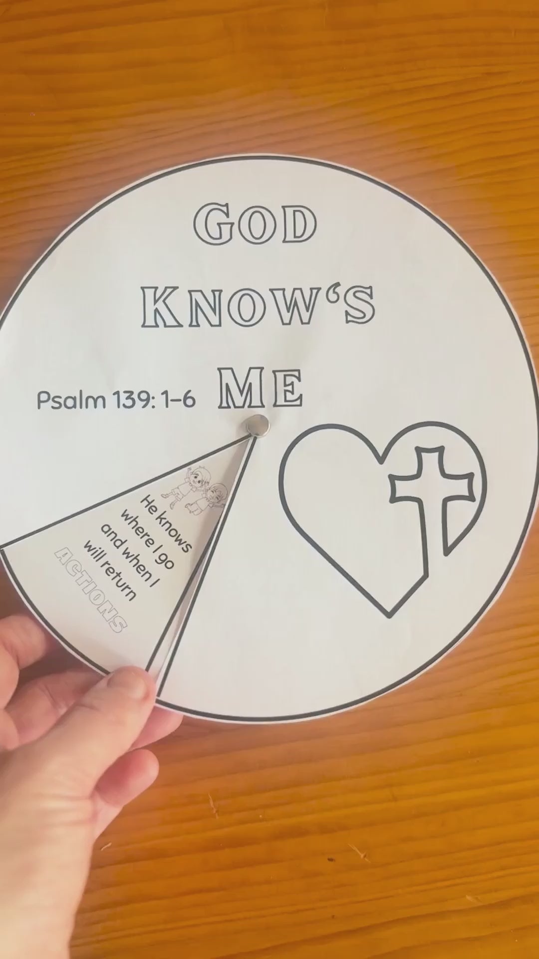 Printable “God knows me” Bible craft wheel based on Psalm 139:1–6-assembly required.