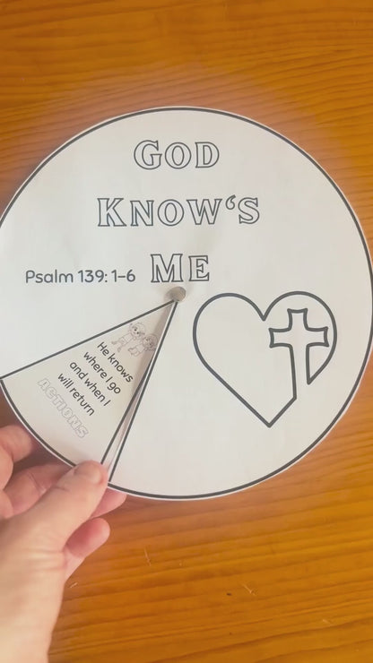 Printable “God knows me” Bible craft wheel based on Psalm 139:1–6-assembly required.