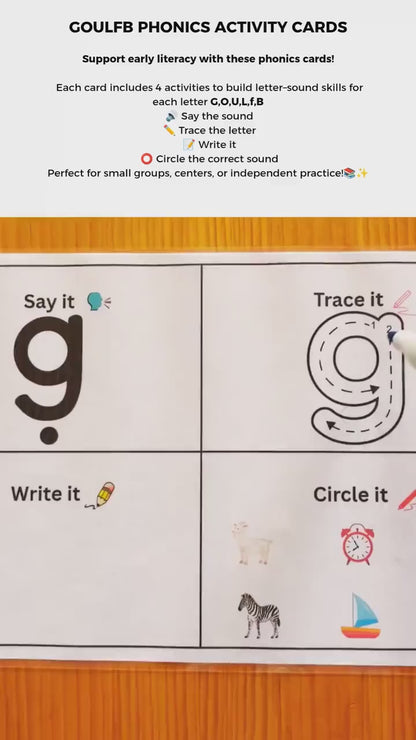 A video showing phonics activity boards with the sounds GOULFB.