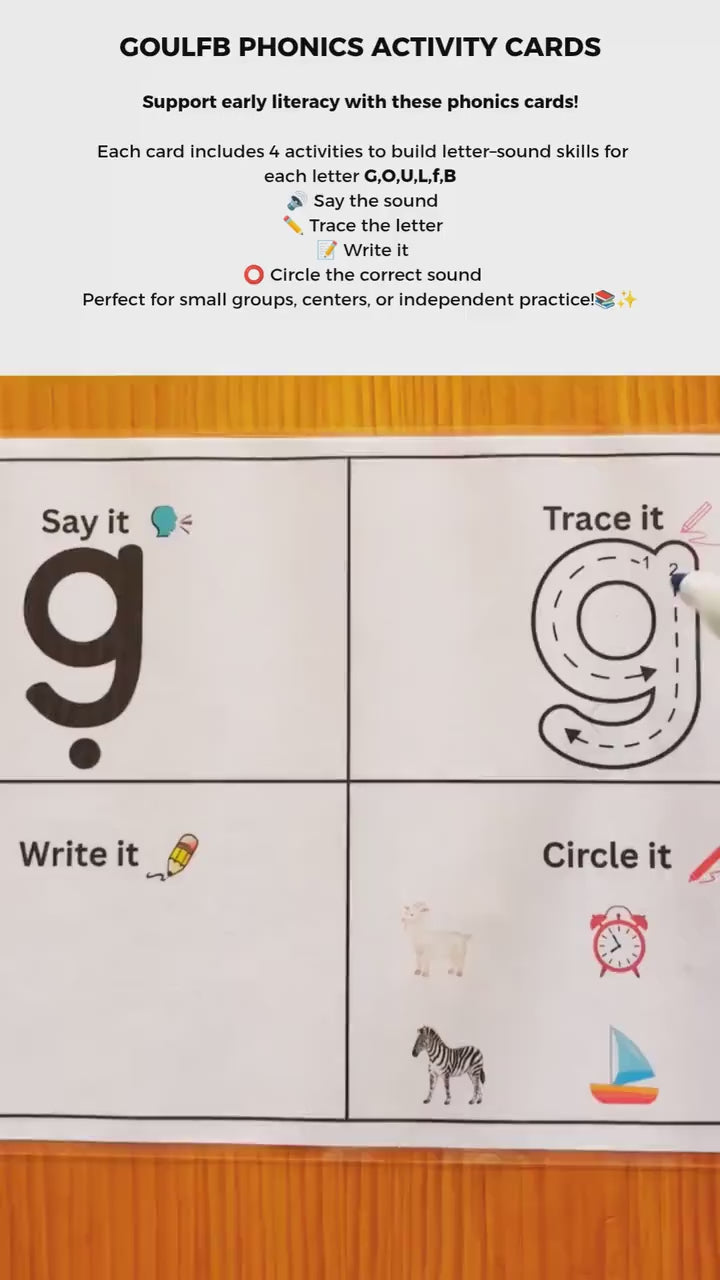 A video showing phonics activity boards with the sounds GOULFB.