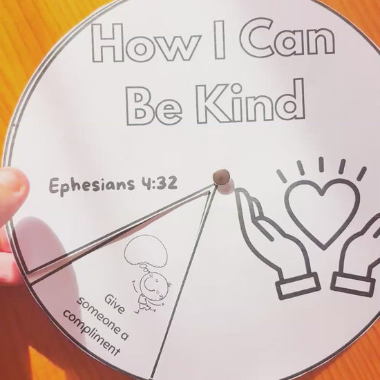 Video showing the assembled Kindness Wheel Spinner Craft in action as an interactive Bible kindness activity for children.