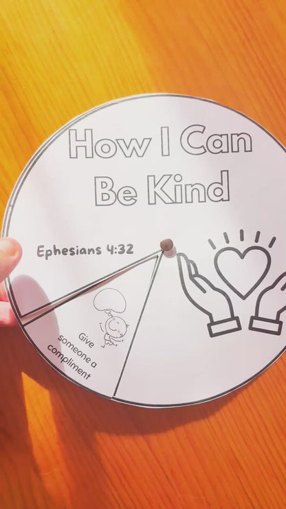 Video showing the assembled Kindness Wheel Spinner Craft in action as an interactive Bible kindness activity for children.