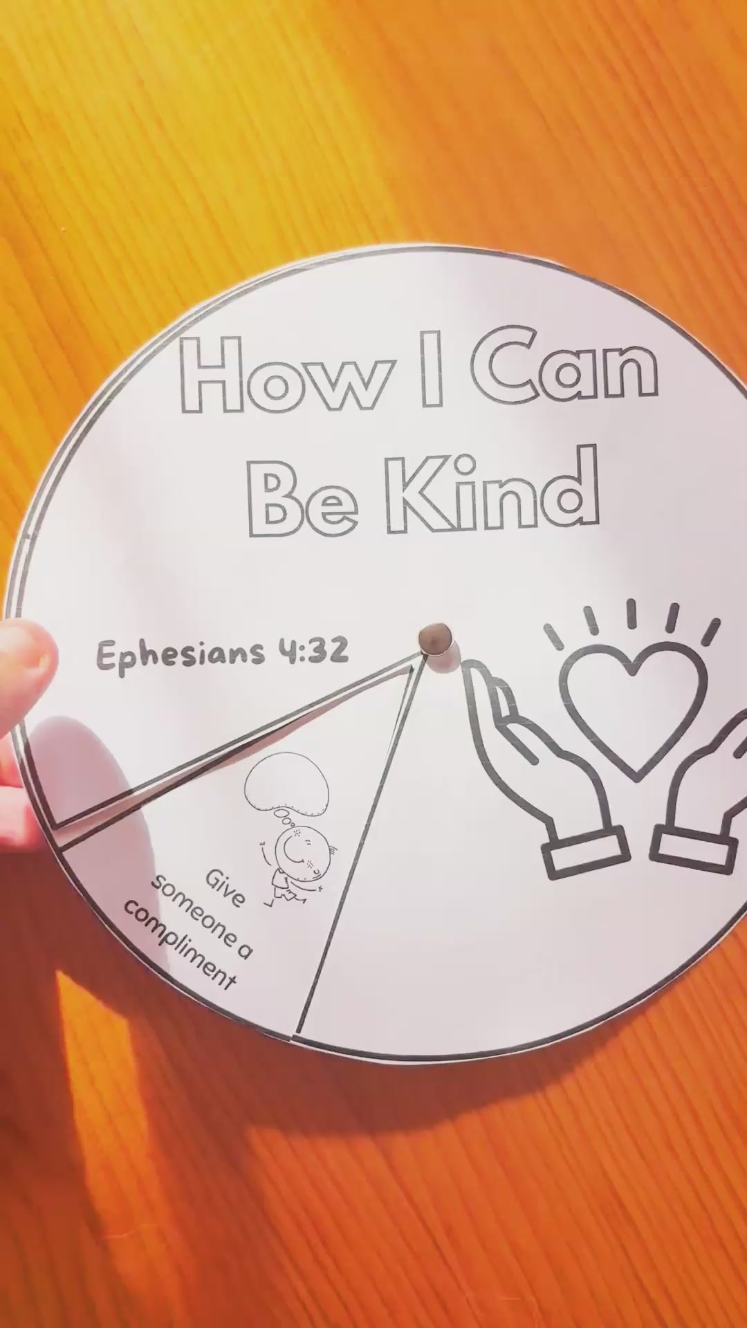 Video showing the assembled Kindness Wheel Spinner Craft in action as an interactive Bible kindness activity for children.