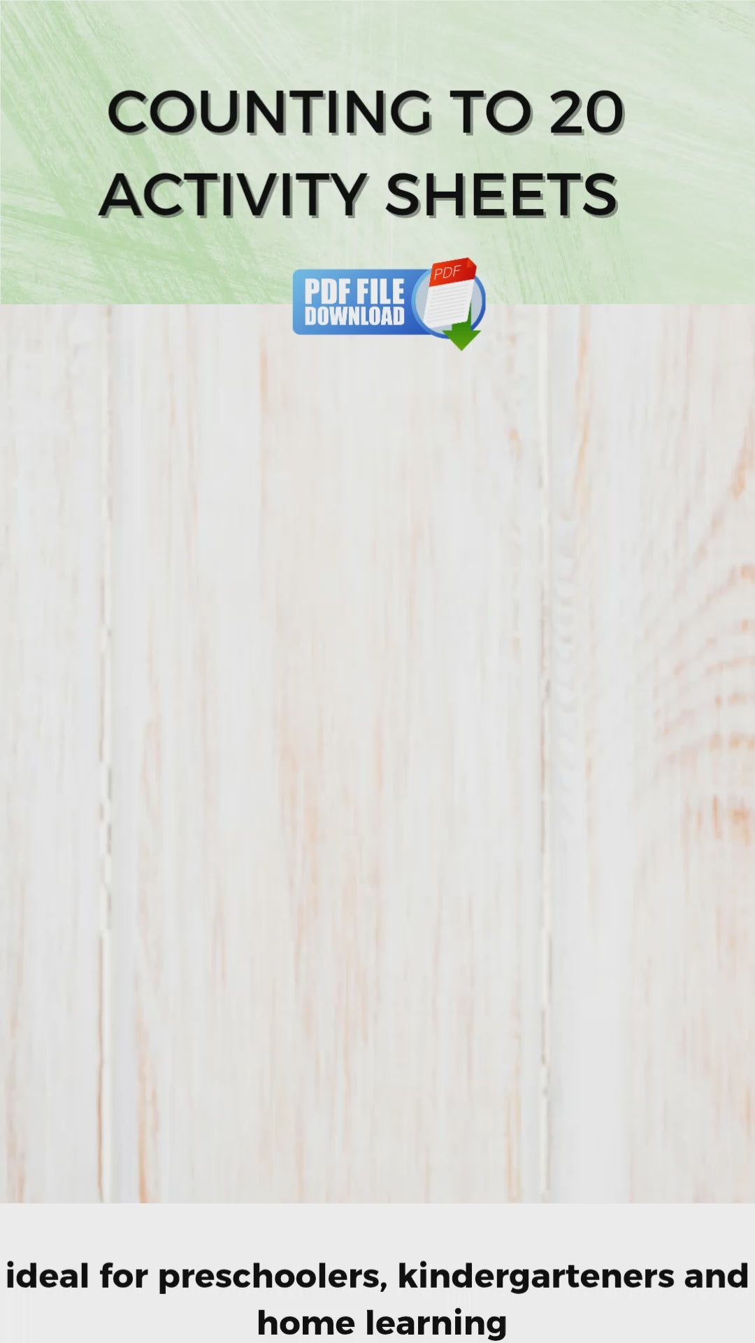 Animated demonstration of counting to 20 printable worksheets for early learners, showing number tracing and counting activities.