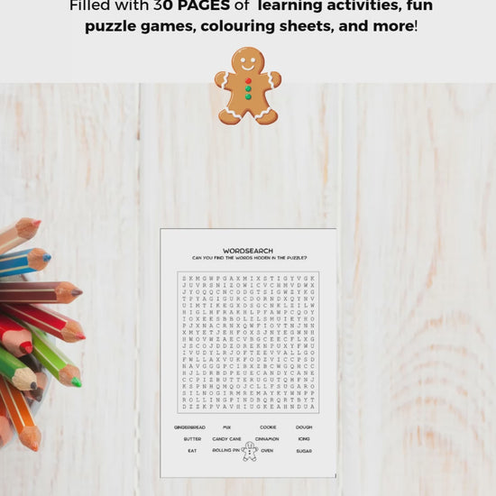 A video featuring a 30 page printable gingerbread themed activity and colouring book for kids. 