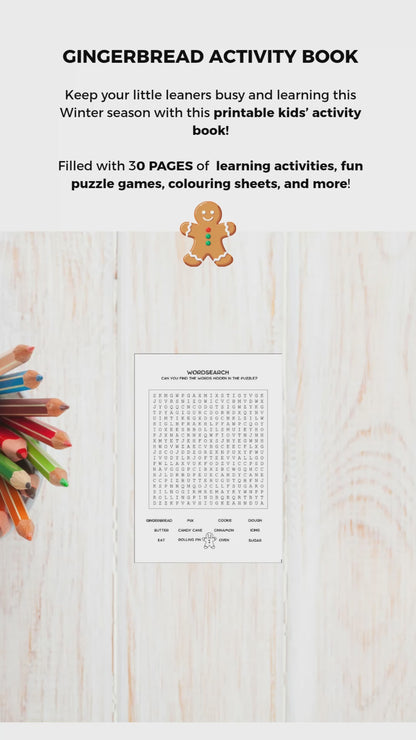 A video featuring a 30 page printable gingerbread themed activity and colouring book for kids. 