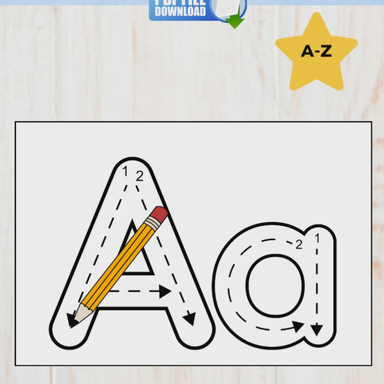 Video preview of printable alphabet tracing mats, showing A to Z letters, uppercase and lowercase, handwriting activity.