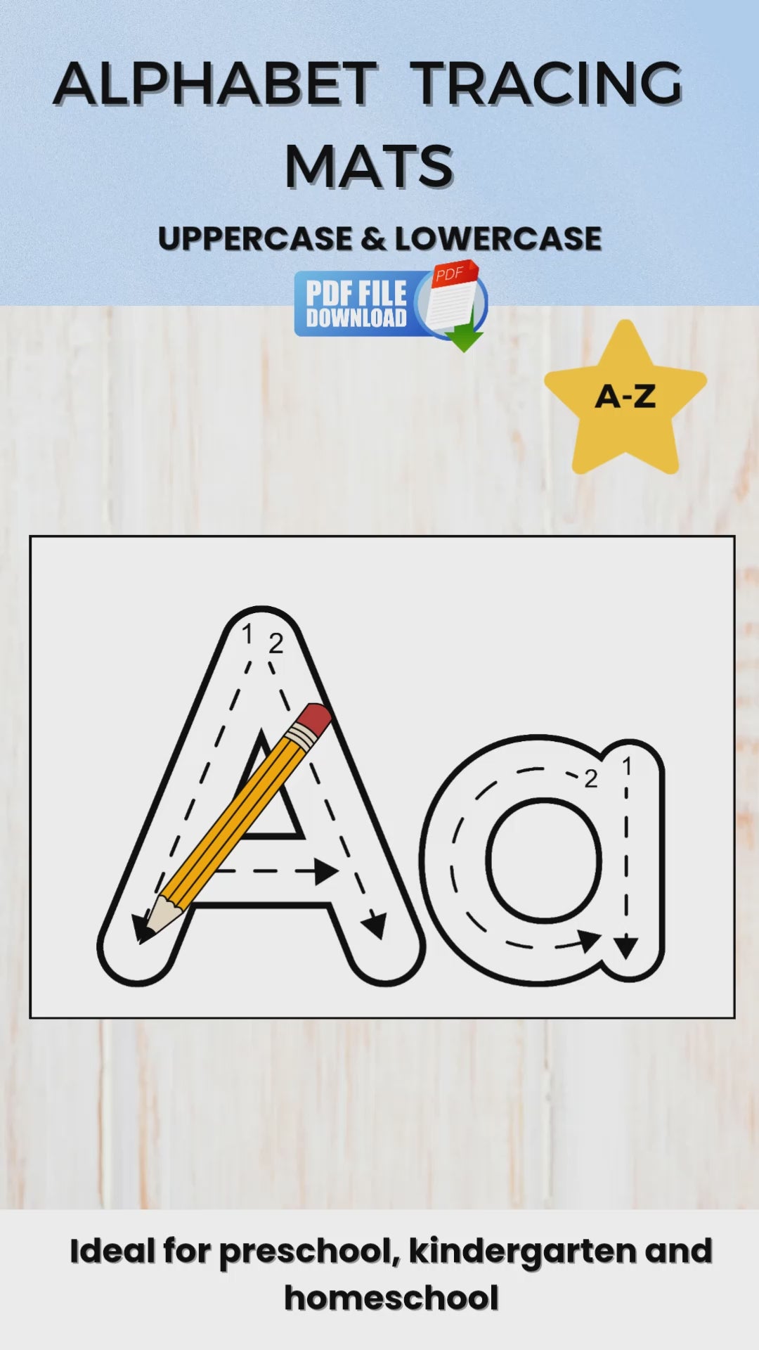 Video preview of printable alphabet tracing mats, showing A to Z letters, uppercase and lowercase, handwriting activity.