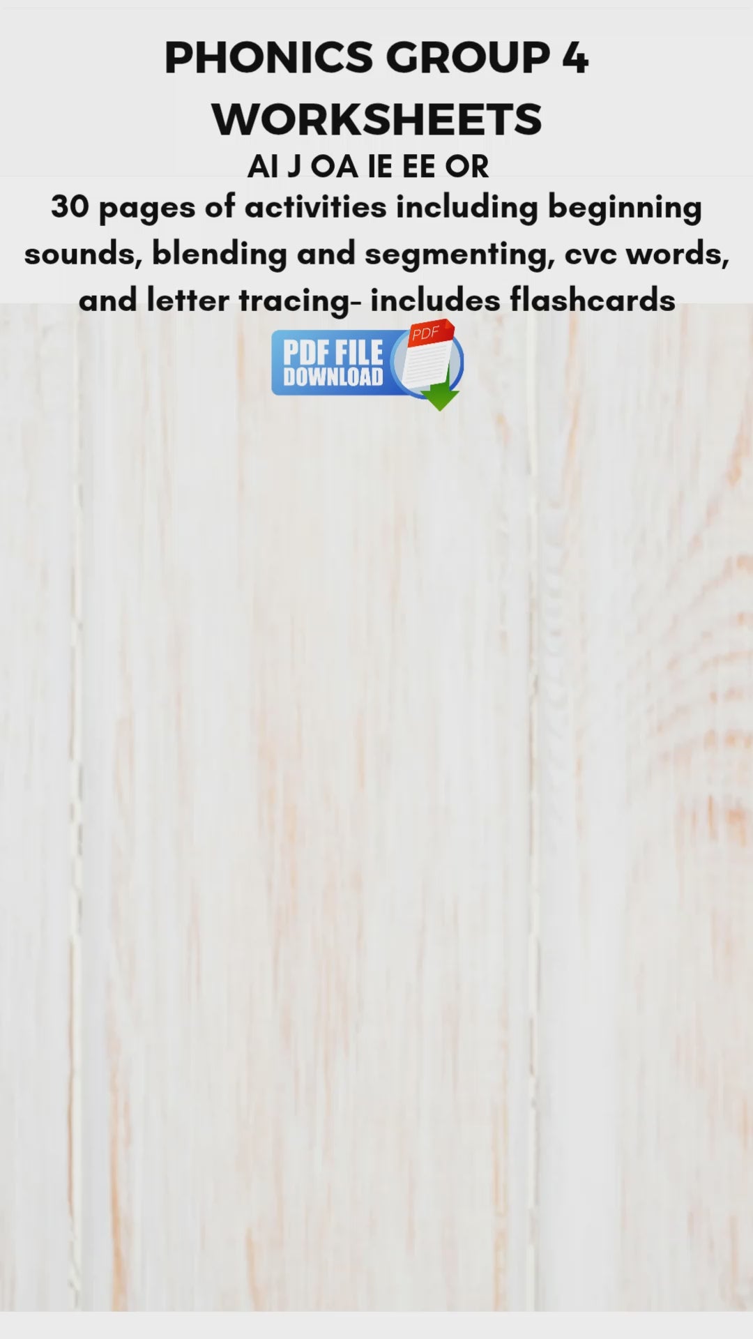 A video showing a set of printable worksheets for Group 4 phonic sounds. 