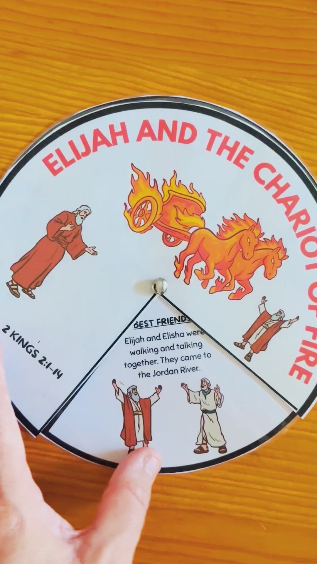 A video showing a colouring wheel craft in  colour to show Elijah and the Chariot of Fire Story. 