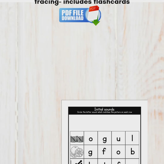 Video showing printable phonics worksheets for blending and segmenting, initial sounds practice, letter tracing exercises, and phonics flashcards.