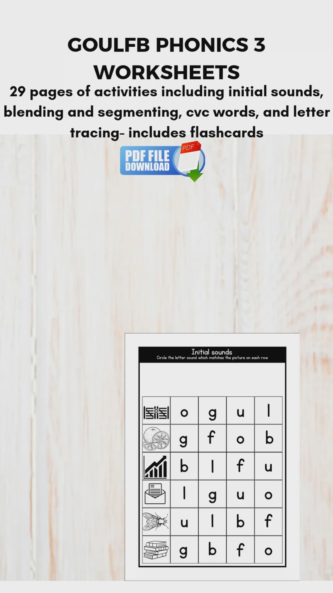 Video showing printable phonics worksheets for blending and segmenting, initial sounds practice, letter tracing exercises, and phonics flashcards.