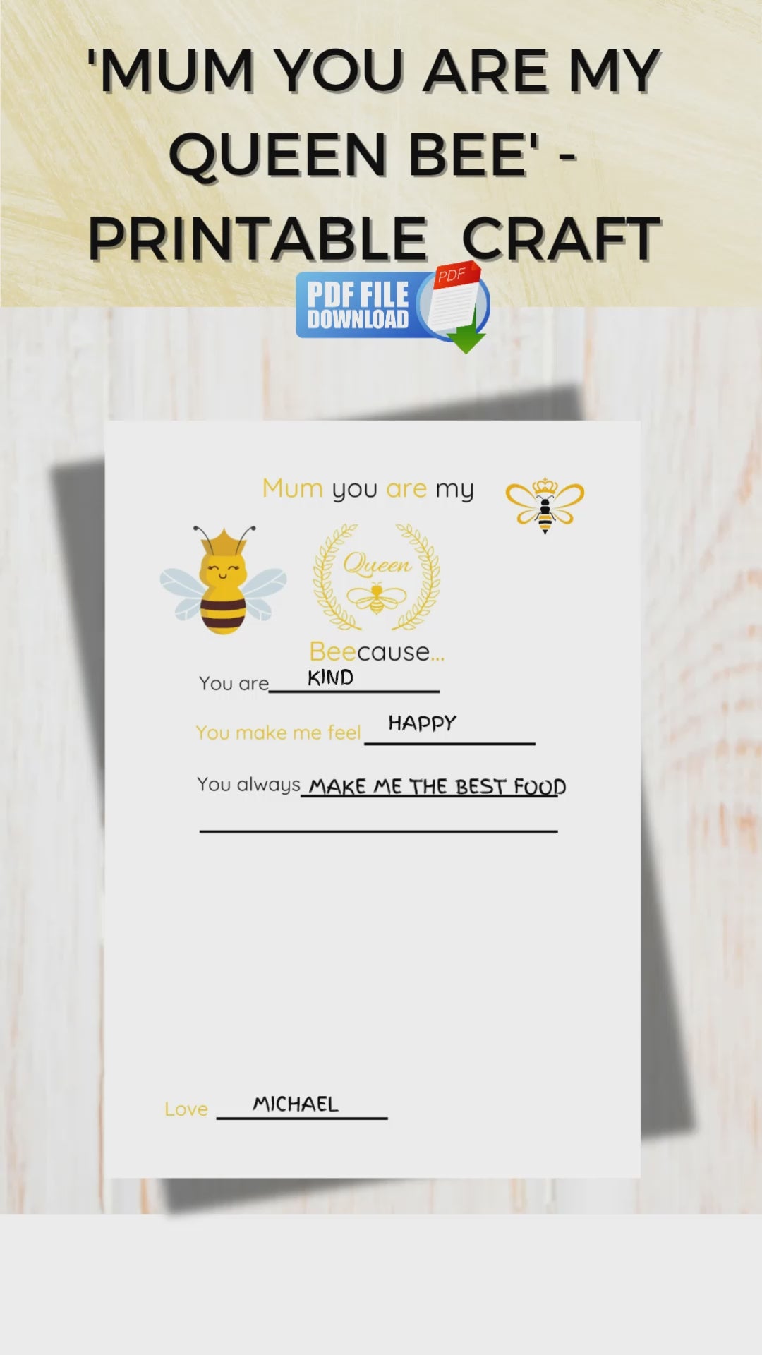 A video showing a 'Mum you are my Queen Bee' printable handprint craft. 