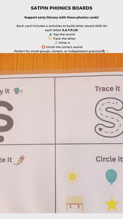 A video showing activity boards featuring the sounds SATPIN to support phonics learning.
