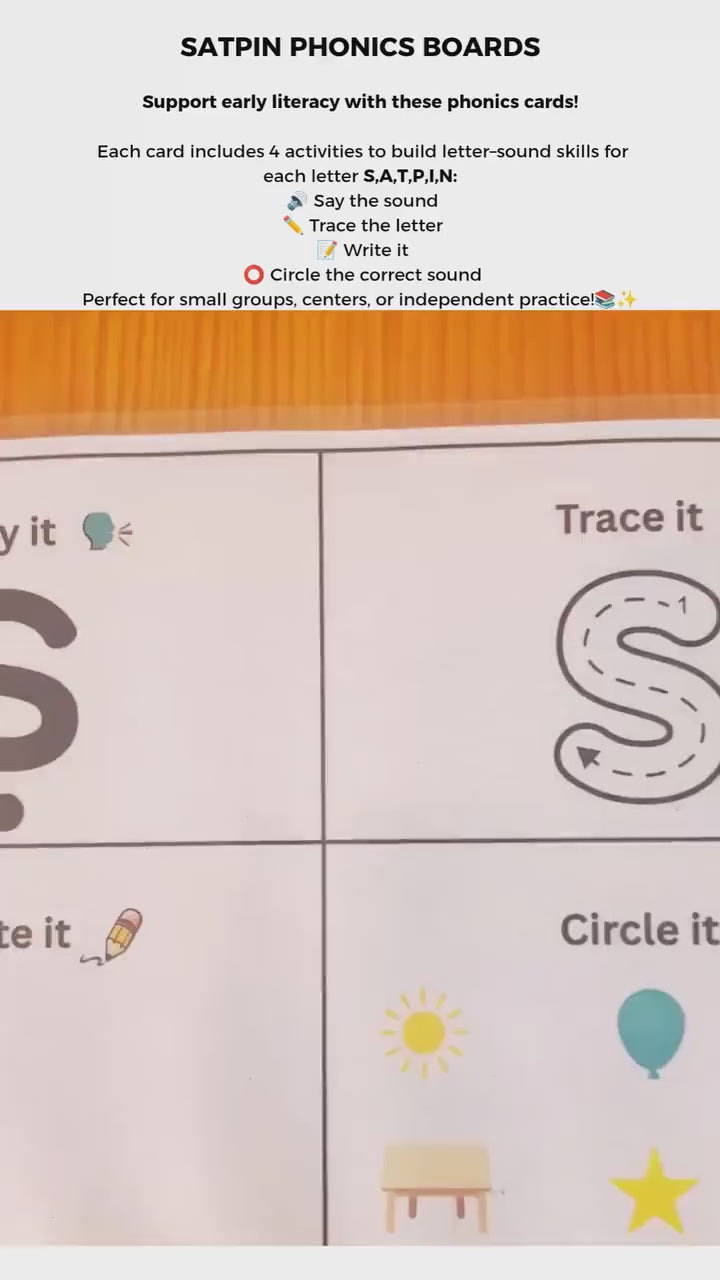 A video showing activity boards featuring the sounds SATPIN to support phonics learning.