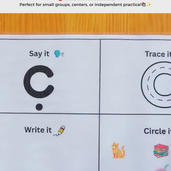 A video showing a printed letter C activity card with say it, trace it,write it and circle it activities. 