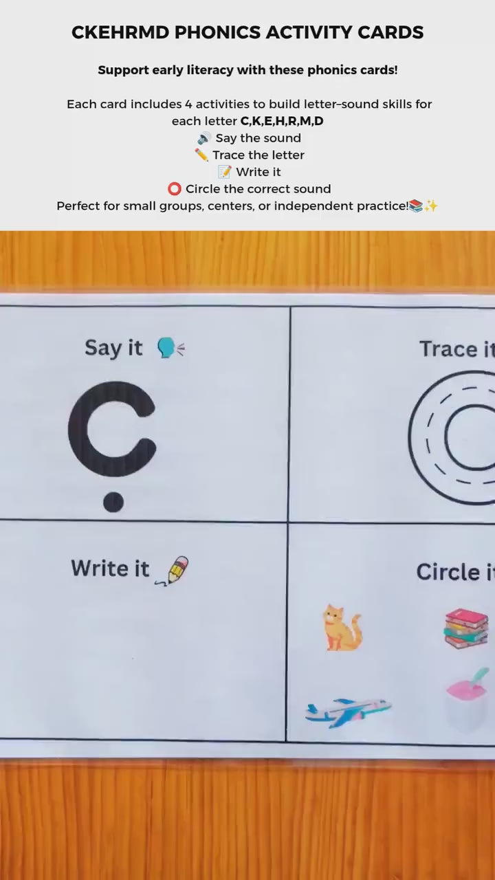 A video showing a printed letter C activity card with say it, trace it,write it and circle it activities. 