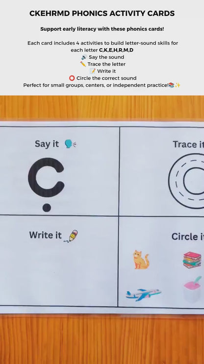 A video showing a printed letter C activity card with say it, trace it,write it and circle it activities. 
