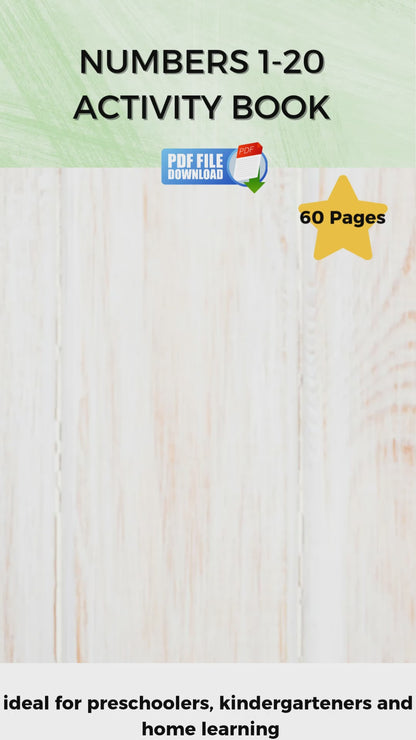 A video showing a printable numbers 1-20 activity book for early learners, showing number math activity worksheets.