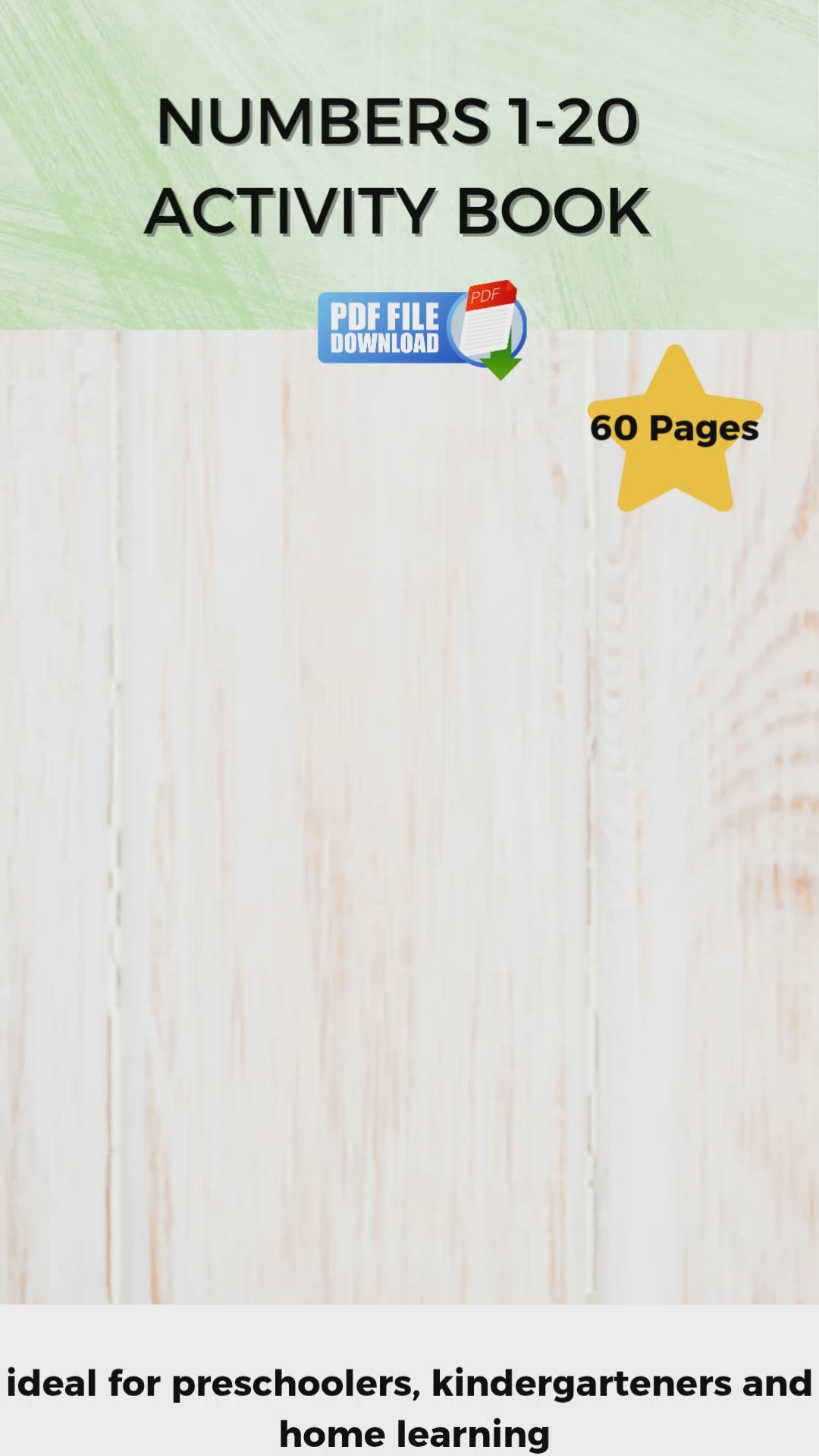 A video showing a printable numbers 1-20 activity book for early learners, showing number math activity worksheets.