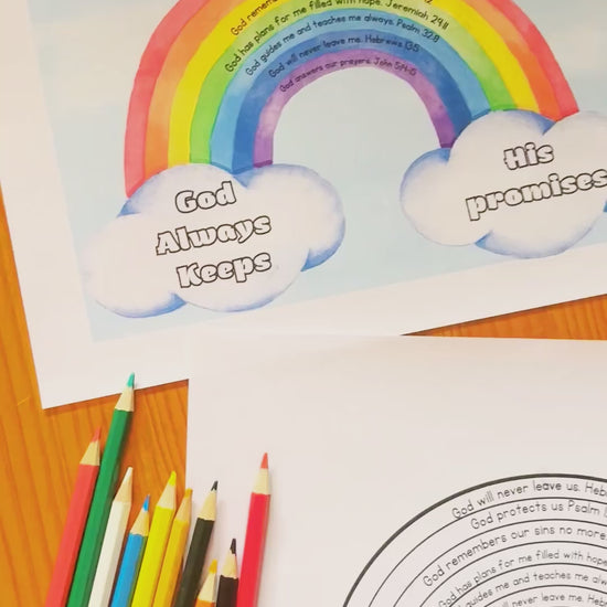 A video showing a colour version and black and white version of 'God Always Keeps His Promises' Rainbow Craft for Kids. 