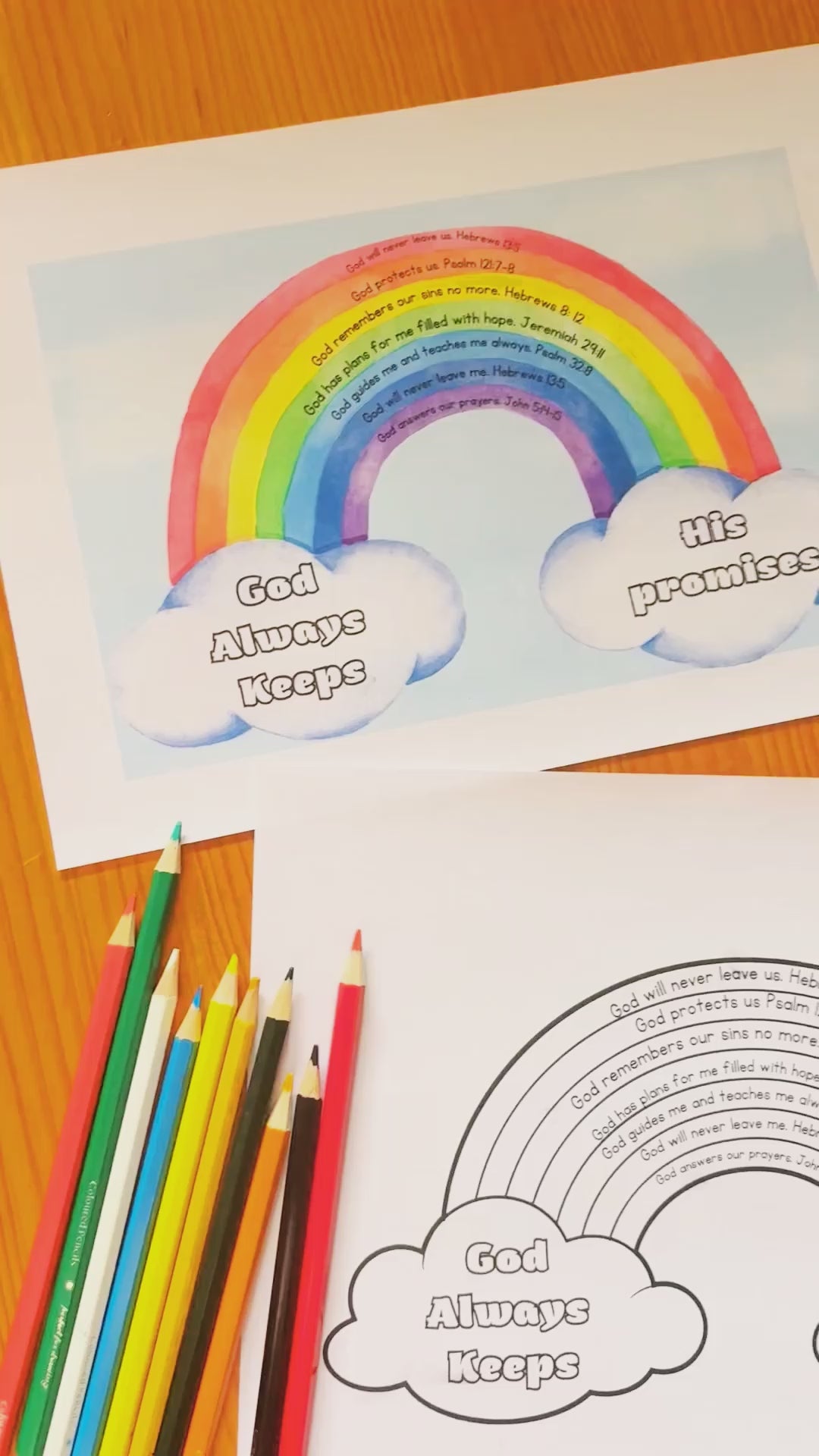 A video showing a colour version and black and white version of 'God Always Keeps His Promises' Rainbow Craft for Kids. 