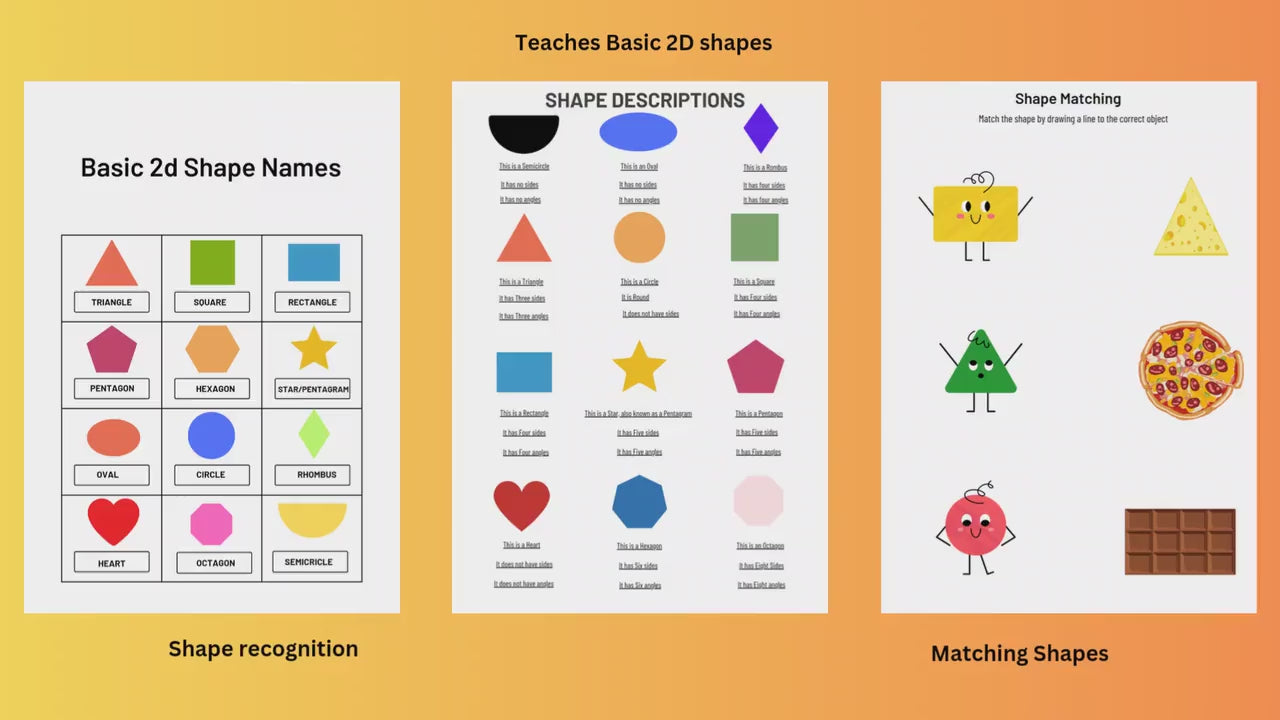 Video preview of printable shapes activity sheets for preschool and kindergarten, featuring 2D shape recognition, tracing, colouring, and matching activities.