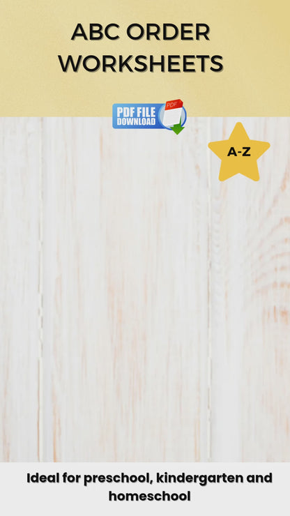 Preview video showing ABC Order Worksheets from A to Z. Printable alphabetical order activity for preschool, Pre-K, and kindergarten.