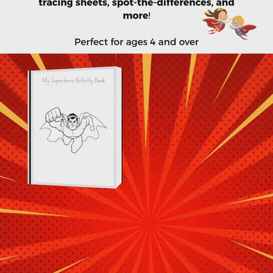 A printable superhero book for kids with learning activities, puzzle games and colouring pages. 