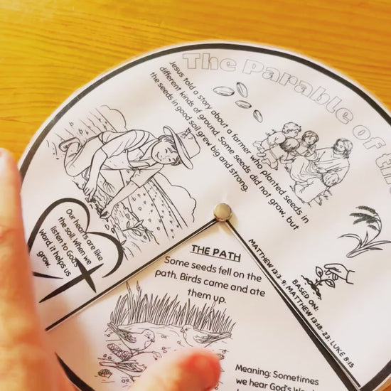 A video showing a black and white The Parable of the Sower Story Wheel Craft. 